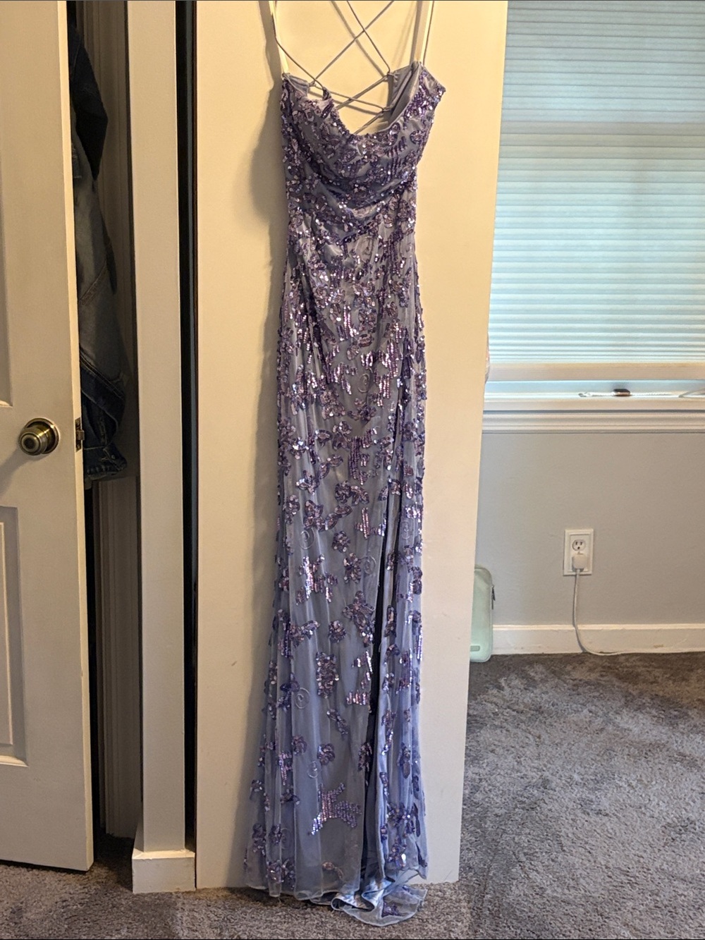 Elegant Lavender Sequin Prom Dress with Crisscross Straps